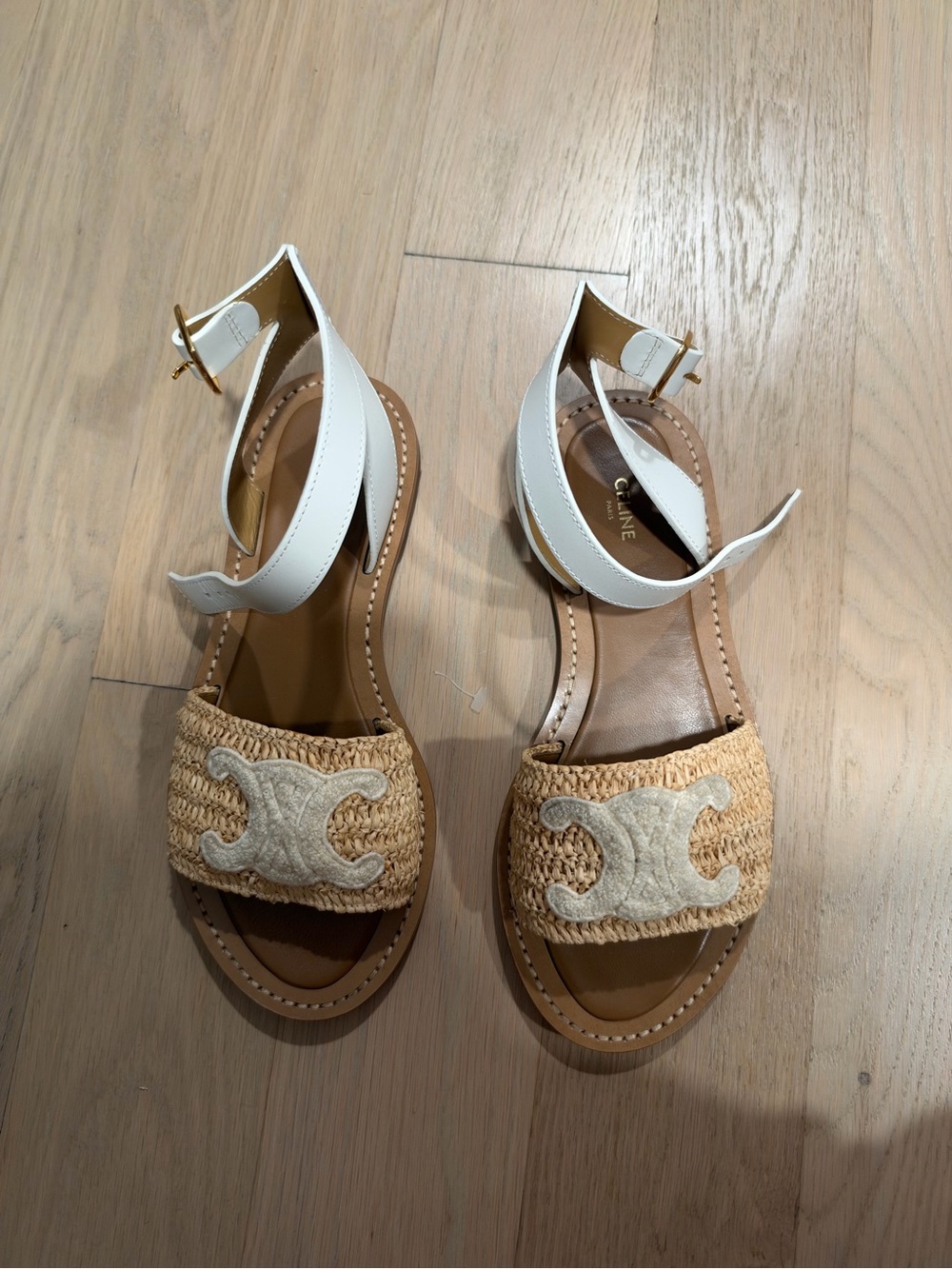 Celine White Leather & Natural Raffia Ankle-Strap Sandals